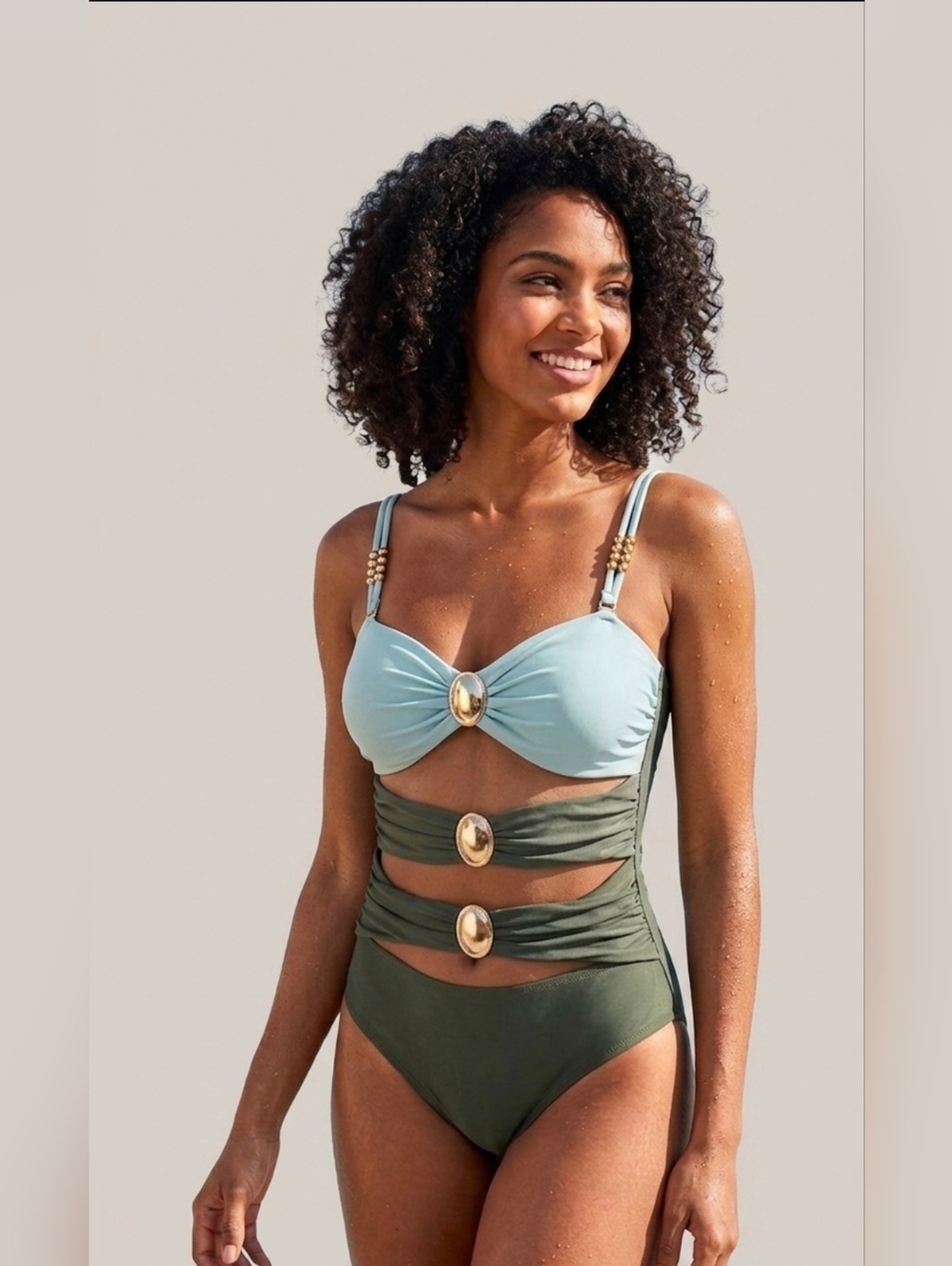 Green Gold Swimsuit 1 Ppc Bikini Top Adjustable Beach Summer Bathing Suit NEW